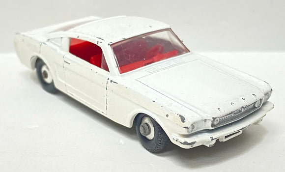 Lesney Matchbox 1966 Regular Wheels #8 Ford Mustang | Wheel Turning Switch | White Body | Red Tow Hook Black Base Silver Hubcaps